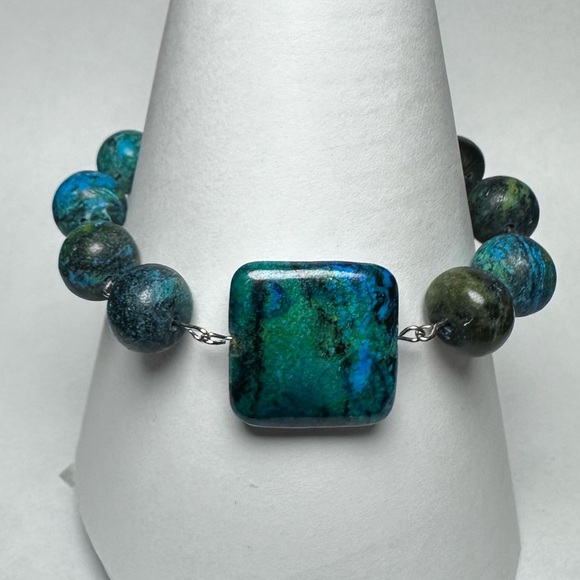 Chrysocolla bracelet handmade lobster clasp square focal bead - Picture 1 of 7